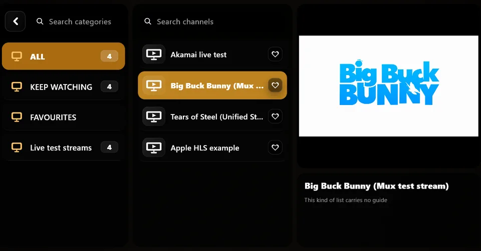 Live TV: channels by category, with what is on now and next