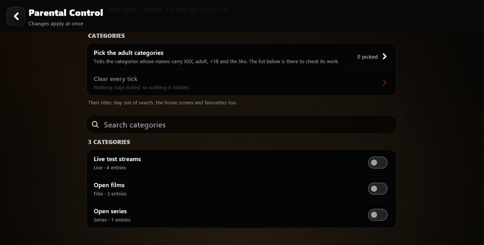 Categories hidden behind a PIN, out of search and the home screen too